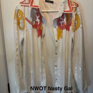 Nasty Gal White Sequin Blazer with Red and Yellow Accents
